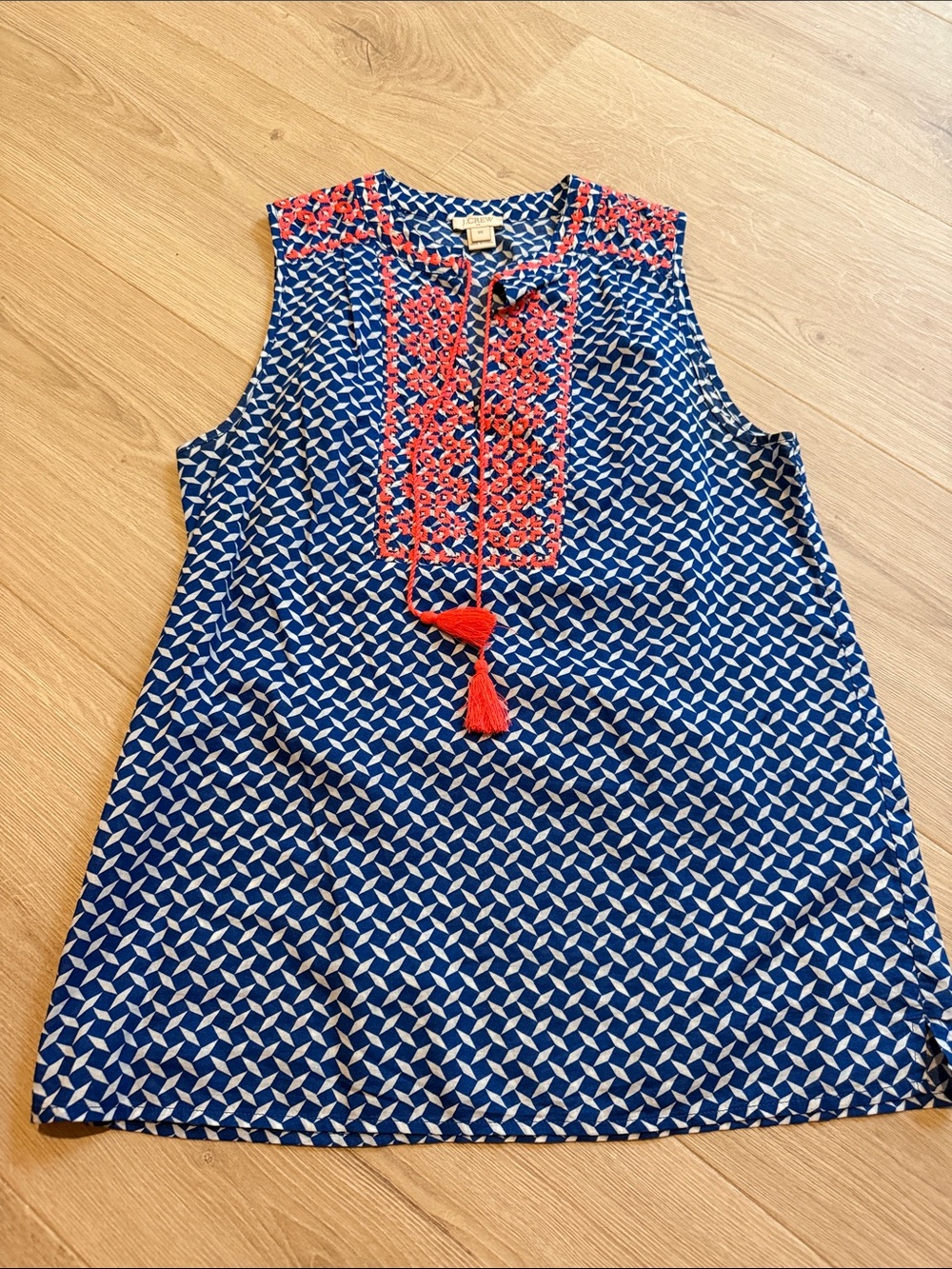 J. Crew Navy Geometric Sleeveless Top with Coral Embroidery
